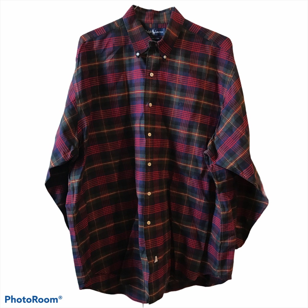 Ralph Lauren Button Down Shirt XL Red Plaid Excellent Cotton Long Sleeve Pony